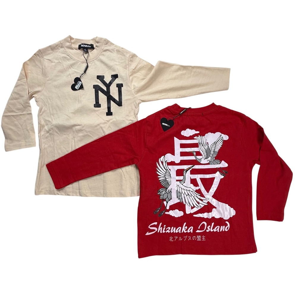 Fashion Nova Kids Boys Long Sleeve Graphic Tee Bundle NY Red Crane Size 4 NWT